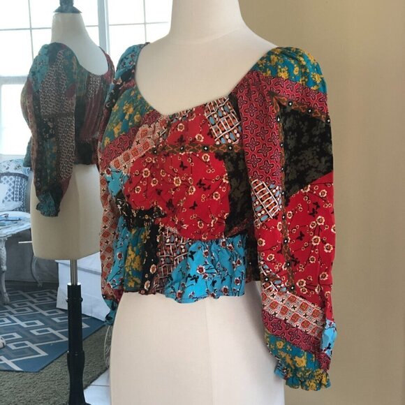 Off Shoulder Ruffle Patchwork Ruffle Crop Top Large - Picture 2 of 10